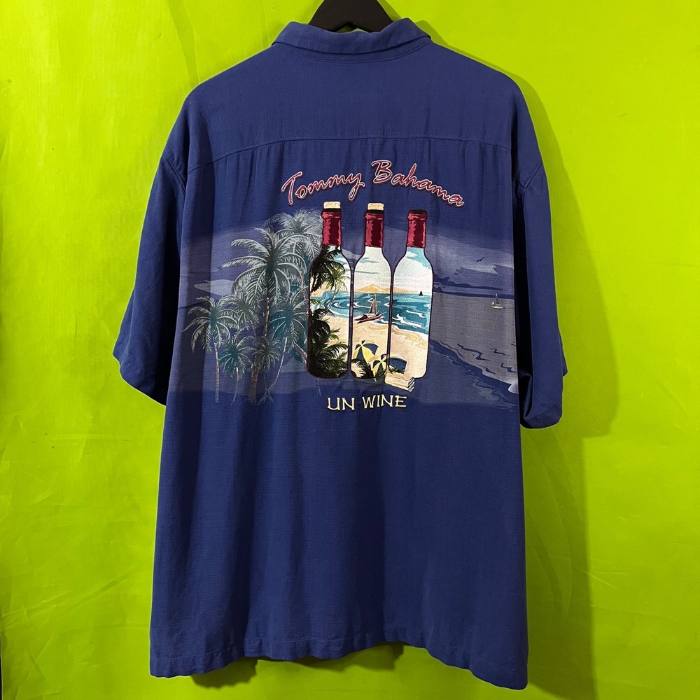 Tommy Bahama Men 3XL Un Wine Silk Camp Shirt Blue Short Sleeve Graphic Button Up